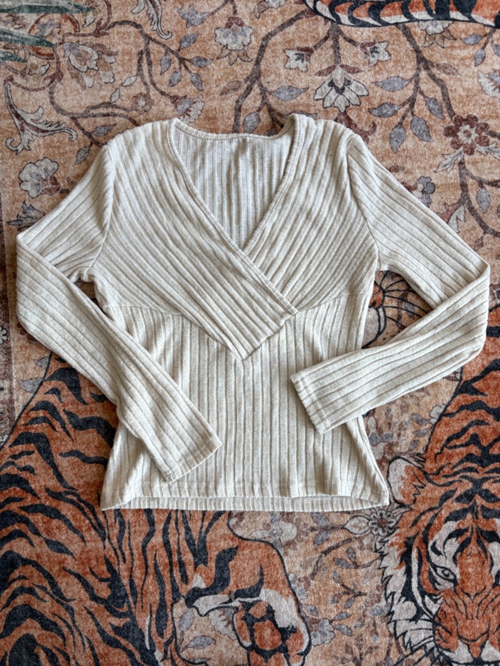 Ribbed V-Neck Wrap Style Long Sleeve Top - Cream